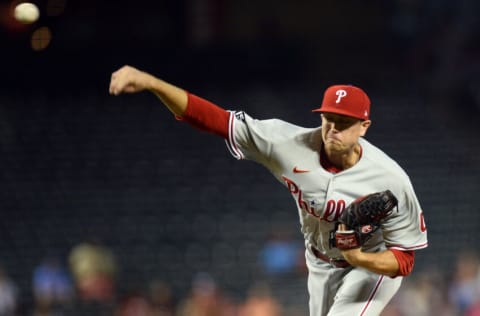 Aug 17, 2021; Phoenix, Arizona, USA; Philadelphia Phillies starting pitcher Kyle Gibson (44) pitches against the Arizona Diamondbacks during the first inning at Chase Field. Mandatory Credit: Joe Camporeale-USA TODAY Sports