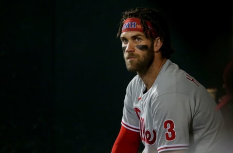 Sep 17, 2021; New York City, New York, USA; Philadelphia Phillies right fielder Bryce Harper (3) watches from the dugout during the third inning against the New York Mets at Citi Field. Mandatory Credit: Brad Penner-USA TODAY Sports