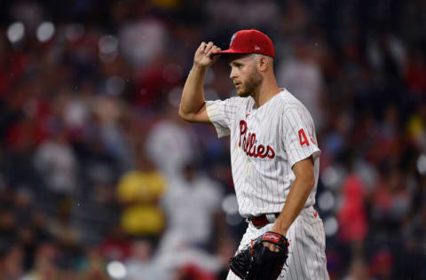 Jul 2, 2021; Philadelphia, Pennsylvania, USA; Philadelphia Phillies starting pitcher Zack Wheeler (45) walks to the dugout after being removed from the game in the eighth inning against the San Diego Padres at Citizens Bank Park. Mandatory Credit: Kyle Ross-USA TODAY Sports