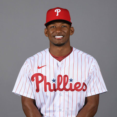 Mar 1, 2021; Clearwater, FL, USA; Philadelphia Phillies Johan Rojas #98 poses during media day at Phillies Spring Training Ballpark. Mandatory Credit: MLB photos via USA TODAY Sports