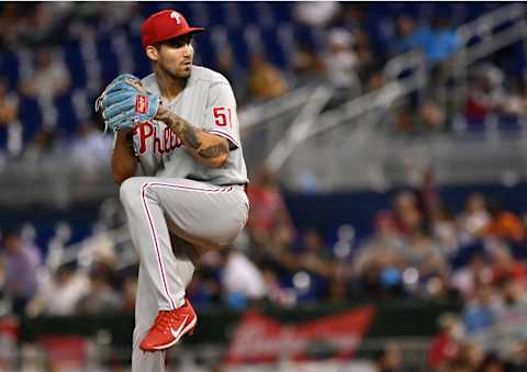 Oct 2, 2021; Miami, Florida, USA; Philadelphia Phillies starting pitcher Hans Crouse (51) pitches against the Miami Marlins during the second inning at loanDepot Park. Mandatory Credit: Jim Rassol-USA TODAY Sports