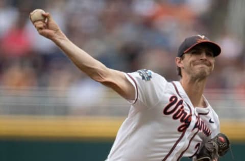 Virginia pitcher Griff McGarry (25) throws a pitch against Mississippi St. in the first inning during game eight in the NCAA Men’s College World Series at TD Ameritrade Park Tuesday, June 22, 2021 in Omaha, Neb.Miss St Virginia 007