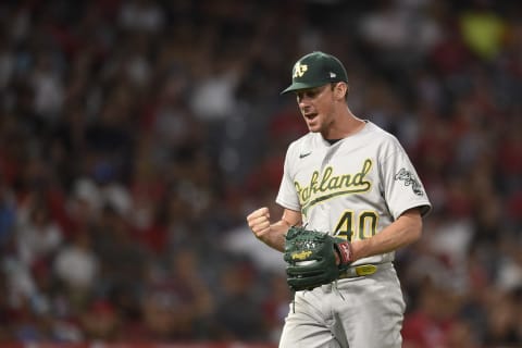 Jul 30, 2021; Anaheim, California, USA; Oakland Athletics starting pitcher Chris Bassitt (40) reacts after the fifth inning against the Los Angeles Angels at Angel Stadium. Mandatory Credit: Kelvin Kuo-USA TODAY Sports