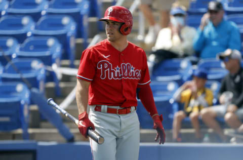 Mar 9, 2021; Dunedin, Florida, USA; Philadelphia Phillies second baseman Scott Kingery (4) strikes out during the third inning against the Toronto Blue Jays at TD Ballpark. Mandatory Credit: Kim Klement-USA TODAY Sports