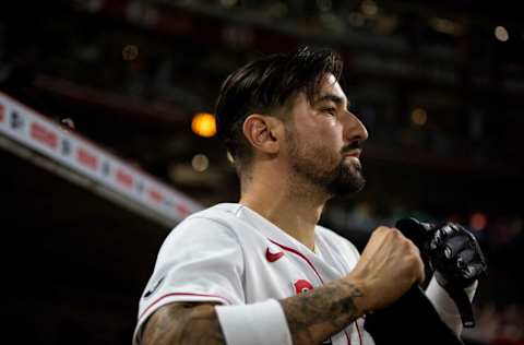 Cincinnati Reds right fielder Nick Castellanos (2) leaves the dugout in the seventh inning of the MLB National League game between the Cincinnati Reds and Chicago Cubs on Tuesday, Aug. 17, 2021, at Great American Ball Park in downtown Cincinnati.