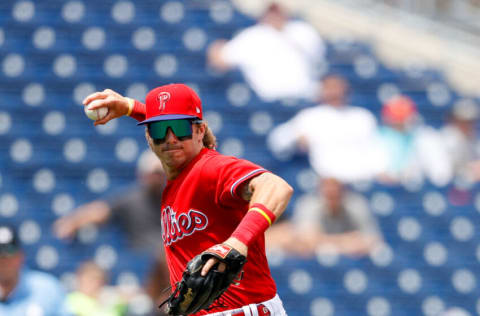 Apr 3, 2022; Clearwater, Florida, USA; Philadelphia Phillies third baseman Bryson Stott (73) throws to first for an out against the Detroit Tigers in the fourth inning during spring training at BayCare Ballpark. Mandatory Credit: Nathan Ray Seebeck-USA TODAY Sports