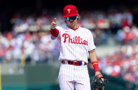 Apr 8, 2022; Philadelphia, Pennsylvania, USA; Philadelphia Phillies third baseman Bryson Stott (5) gives a thumbs up before the first pitch against the Oakland Athletics on opening day at Citizens Bank Park. Mandatory Credit: Bill Streicher-USA TODAY Sports