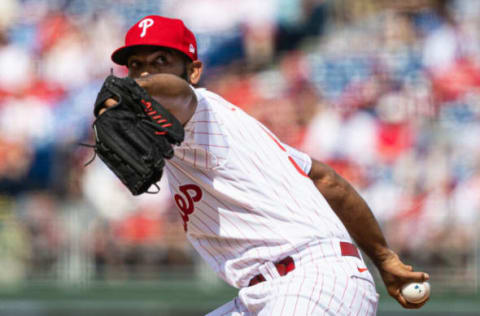 Apr 13, 2022; Philadelphia, Pennsylvania, USA; Philadelphia Phillies relief pitcher Seranthony Dominguez (58) throws a pitch against the New York Mets during the fifth inning at Citizens Bank Park. Mandatory Credit: Bill Streicher-USA TODAY Sports