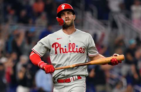 Apr 14, 2022; Miami, Florida, USA; Philadelphia Phillies right fielder Bryce Harper (3) looks on after flying out to end the game against the Miami Marlins at loanDepot Park. Mandatory Credit: Jim Rassol-USA TODAY Sports