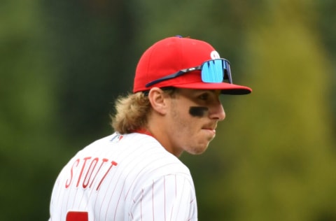 Apr 10, 2022; Philadelphia, Pennsylvania, USA; Philadelphia Phillies shortstop Bryson Stott (5) against the Oakland Athletics at Citizens Bank Park. Mandatory Credit: Eric Hartline-USA TODAY Sports