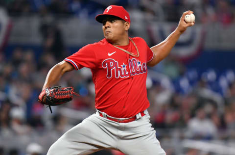 Apr 16, 2022; Miami, Florida, USA; Philadelphia Phillies pitcher Ranger Suarez (55) pitches against the Miami Marlins in the first inning at loanDepot Park. Mandatory Credit: Jim Rassol-USA TODAY Sports