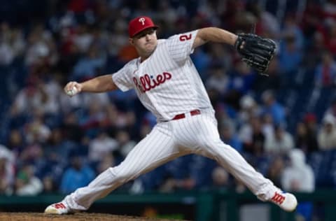 Apr 24, 2022; Philadelphia, Pennsylvania, USA; Philadelphia Phillies relief pitcher Corey Knebel (23) throws a pitch during the ninth inning against the Milwaukee Brewers at Citizens Bank Park. Mandatory Credit: Bill Streicher-USA TODAY Sports