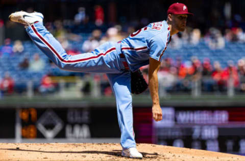 Apr 28, 2022; Philadelphia, Pennsylvania, USA; Philadelphia Phillies starting pitcher Zack Wheeler (45) throws a pitch during the second inning against the Colorado Rockies at Citizens Bank Park. Mandatory Credit: Bill Streicher-USA TODAY Sports