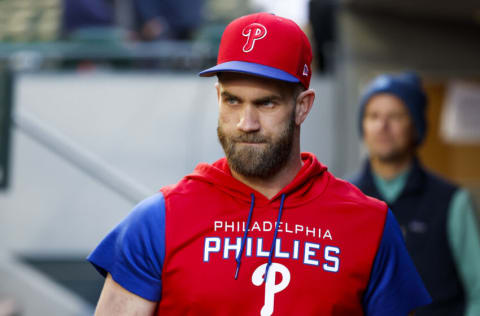 May 9, 2022; Seattle, Washington, USA; Philadelphia Phillies designated hitter Bryce Harper (3) walks in the dugout following batting practice against the Seattle Mariners at T-Mobile Park. Mandatory Credit: Joe Nicholson-USA TODAY Sports