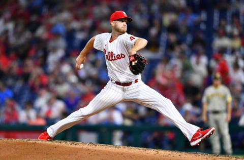 May 18, 2022; Philadelphia, Pennsylvania, USA; Philadelphia Phillies pitcher Zack Wheeler (45) throws a pitch against the San Diego Padres in the sixth inning at Citizens Bank Park. Mandatory Credit: Kyle Ross-USA TODAY Sports