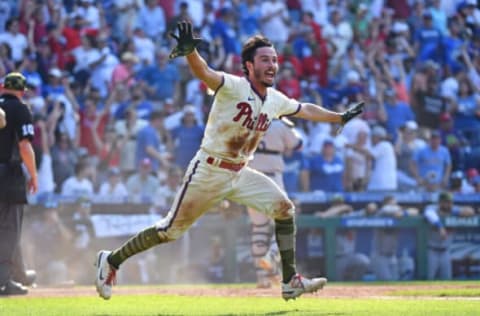 May 22, 2022; Philadelphia, Pennsylvania, USA; Philadelphia Phillies catcher Garrett Stubbs (21) reacts after scoring a run as they defeated the Los Angeles Dodgers during the tenth inning at Citizens Bank Park. Mandatory Credit: Eric Hartline-USA TODAY Sports