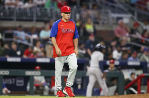 May 25, 2022; Atlanta, Georgia, USA; Philadelphia Phillies manager Joe Girardi (25) makes a pitching change against the Atlanta Braves in the fifth inning at Truist Park. Mandatory Credit: Brett Davis-USA TODAY Sports