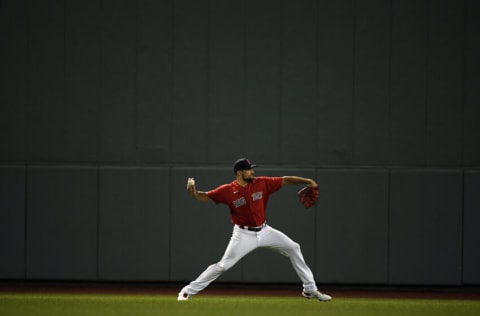 Oct 5, 2021; Boston, Massachusetts, USA; Boston Red Sox starting pitcher Nathan Eovaldi (17) before playing against the New York Yankees in the American League Wildcard game at Fenway Park. Mandatory Credit: Bob DeChiara-USA TODAY Sports