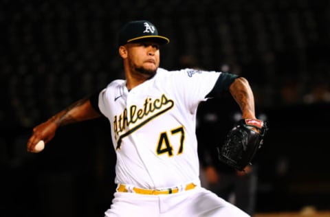 May 31, 2022; Oakland, California, USA; Oakland Athletics starting pitcher Frankie Montas (47) pitches against the Houston Astros during the seventh inning at RingCentral Coliseum. Mandatory Credit: Kelley L Cox-USA TODAY Sports