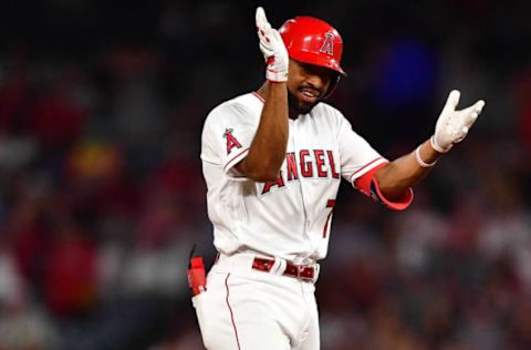 Jun 7, 2022; Anaheim, California, USA; Los Angeles Angels left fielder Jo Adell (7) reacts after hitting an RBI double against the Boston Red Sox during the fifth inning at Angel Stadium. Mandatory Credit: Gary A. Vasquez-USA TODAY Sports