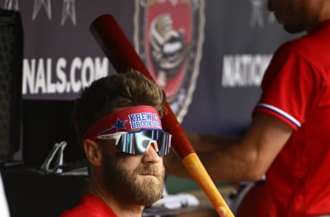 Jun 17, 2022; Washington, District of Columbia, USA; Philadelphia Phillies designated hitter Bryce Harper (3) in the dugout before the game against the Washington Nationals at Nationals Park. Mandatory Credit: Brad Mills-USA TODAY Sports