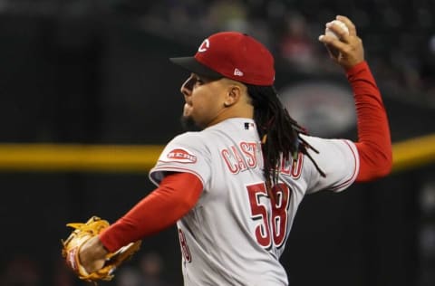 Jun 15, 2022; Phoenix, Arizona, USA; Cincinnati Reds starting pitcher Luis Castillo (58) throws to the Arizona Diamondbacks in the first inning at Chase Field.
Mlb Reds At Diamondbacks