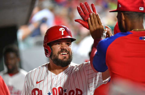 Jul 6, 2022; Philadelphia, Pennsylvania, USA; Philadelphia Phillies left fielder Kyle Schwarber (12) celebrates his home run in the dugout against the Washington Nationals during the sixth inning at Citizens Bank Park. Mandatory Credit: Eric Hartline-USA TODAY Sports