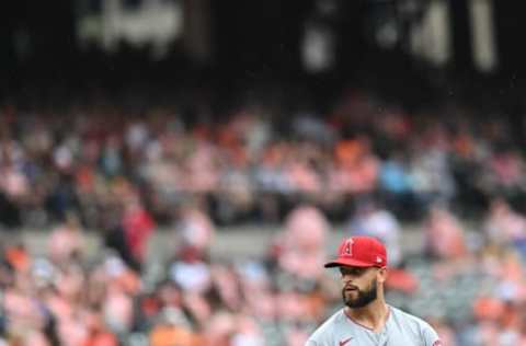 Jul 9, 2022; Baltimore, Maryland, USA; Los Angeles Angels starting pitcher Patrick Sandoval (43) looks into towards home plate before throwing a third inning pitch against the Baltimore Orioles at Oriole Park at Camden Yards. Mandatory Credit: Tommy Gilligan-USA TODAY Sports