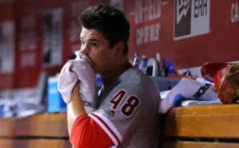 Apr 5, 2017; Cincinnati, OH, USA; Philadelphia Phillies starting pitcher Jerad Eickhoff (48) against the Cincinnati Reds at Great American Ball Park. The Reds won 2-0. Mandatory Credit: Aaron Doster-USA TODAY Sports