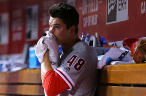 Apr 5, 2017; Cincinnati, OH, USA; Philadelphia Phillies starting pitcher Jerad Eickhoff (48) against the Cincinnati Reds at Great American Ball Park. The Reds won 2-0. Mandatory Credit: Aaron Doster-USA TODAY Sports