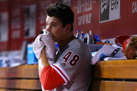 Apr 5, 2017; Cincinnati, OH, USA; Philadelphia Phillies starting pitcher Jerad Eickhoff (48) against the Cincinnati Reds at Great American Ball Park. The Reds won 2-0. Mandatory Credit: Aaron Doster-USA TODAY Sports