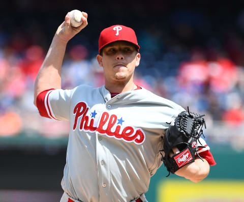 Apr 15, 2017; Washington, DC, USA; Philadelphia Phillies starting pitcher Jeremy Hellickson throws to the Washington Nationals during the first inning at Nationals Park. Mandatory Credit: Brad Mills-USA TODAY Sports