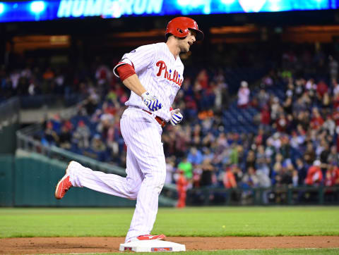 Apr 26, 2017; Philadelphia, PA, USA; Philadelphia Phillies right fielder Michael Saunders (5) touches third base after hitting a home run during the eighth inning against the Miami Marlins at Citizens Bank Park. The Phillies defeated the Marlins, 7-4. Mandatory Credit: Eric Hartline-USA TODAY Sports