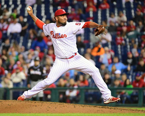 Apr 26, 2017; Philadelphia, PA, USA; Philadelphia Phillies relief pitcher Joaquin Benoit (53) throws a pitch during the eighth inning against the Miami Marlins at Citizens Bank Park. The Phillies defeated the Marlins, 7-4. Mandatory Credit: Eric Hartline-USA TODAY Sports