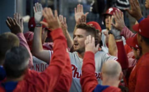 Apr 29, 2017; Los Angeles, CA, USA; Philadelphia Phillies first baseman Brock Stassi (41) celebrates after hitting a three-run home run against the Los Angeles Dodgers during the fourth inning at Dodger Stadium. Mandatory Credit: Kelvin Kuo-USA TODAY Sports