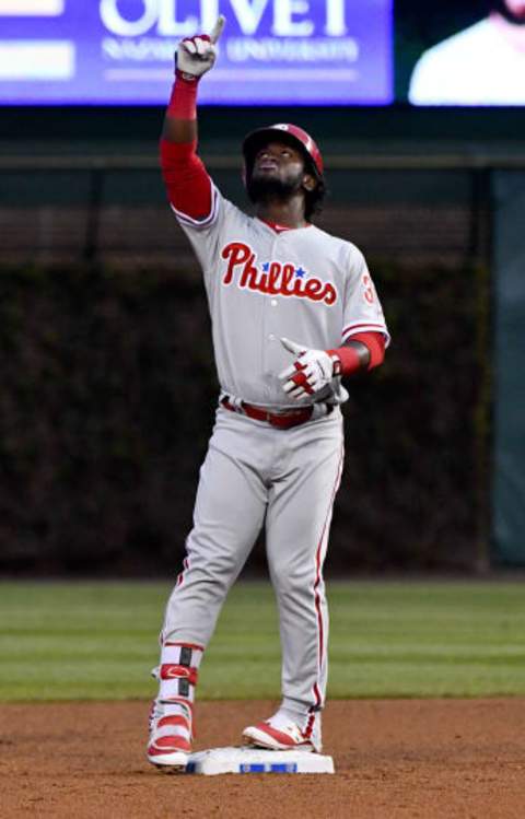 May 3, 2017; Chicago, IL, USA; Philadelphia Phillies center fielder Odubel Herrera (37) points after he hit an RBI-double against the Chicago Cubs during the first inning at Wrigley Field. Mandatory Credit: Matt Marton-USA TODAY Sports