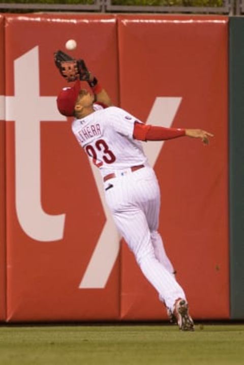 May 5, 2017; Philadelphia, PA, USA; Philadelphia Phillies right fielder Aaron Altherr (23) makes an over the shoulder catch for an out during the eighth inning against the Washington Nationals at Citizens Bank Park. Mandatory Credit: Bill Streicher-USA TODAY Sports