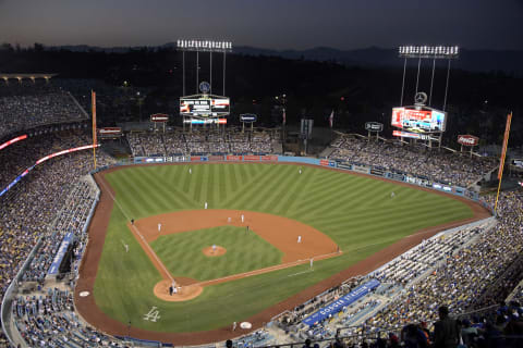 May 3, 2017; Los Angeles, CA, USA; General overall view of Dodger Stadium during a MLB game between the San Francisco Giants and hte Los Angeles Dodgers. The Giants defeated the Dodgers 4-1 in 11 innings. Mandatory Credit: Kirby Lee-USA TODAY Sports