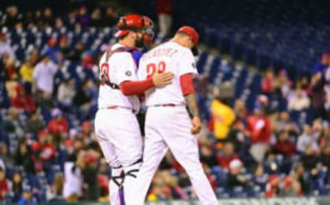 May 6, 2017; Philadelphia, PA, USA; Philadelphia Phillies catcher Cameron Rupp (29) talks with starting pitcher Vince Velasquez (28) after he allowed a three run home run to Washington Nationals third baseman Anthony Rendon (6) (not pictured) during the sixth inning at Citizens Bank Park. Mandatory Credit: Eric Hartline-USA TODAY Sports