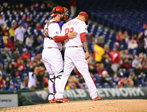 May 6, 2017; Philadelphia, PA, USA; Philadelphia Phillies catcher Cameron Rupp (29) talks with starting pitcher Vince Velasquez (28) after he allowed a three run home run to Washington Nationals third baseman Anthony Rendon (6) (not pictured) during the sixth inning at Citizens Bank Park. Mandatory Credit: Eric Hartline-USA TODAY Sports