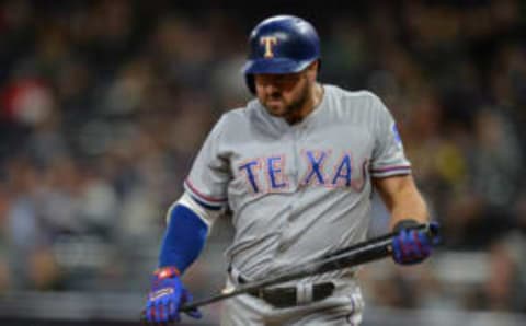 May 8, 2017; San Diego, CA, USA; Texas Rangers third baseman Joey Gallo (13) reacts after striking out during the ninth inning San Diego Padres at Petco Park. Mandatory Credit: Jake Roth-USA TODAY Sports