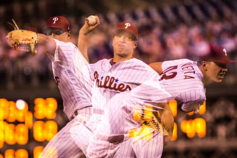 May 5, 2017; Philadelphia, PA, USA; Philadelphia Phillies starting pitcher Nick Pivetta (43) in action against the Washington Nationals at Citizens Bank Park. Mandatory Credit: Bill Streicher-USA TODAY Sports