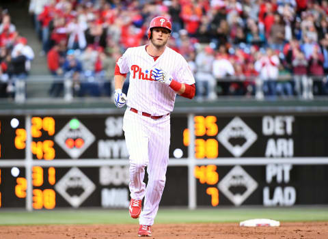 May 9, 2017; Philadelphia, PA, USA; Philadelphia Phillies right fielder Michael Saunders (5) runs the bases after hitting a two run home run during the first inning against the Seattle Mariners at Citizens Bank Park. Mandatory Credit: Eric Hartline-USA TODAY Sports