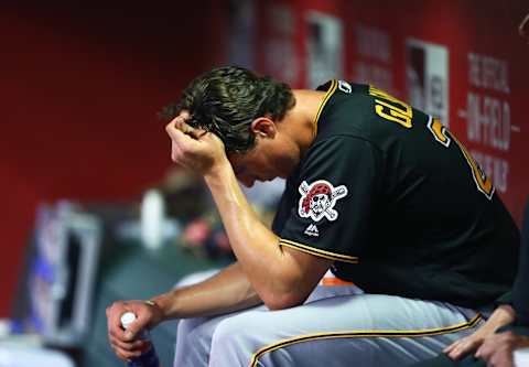 May 12, 2017; Phoenix, AZ, USA; Pittsburgh Pirates pitcher Tyler Glasnow reacts in the dugout after being pulled from the game in the third inning against the Arizona Diamondbacks at Chase Field. Mandatory Credit: Mark J. Rebilas-USA TODAY Sports