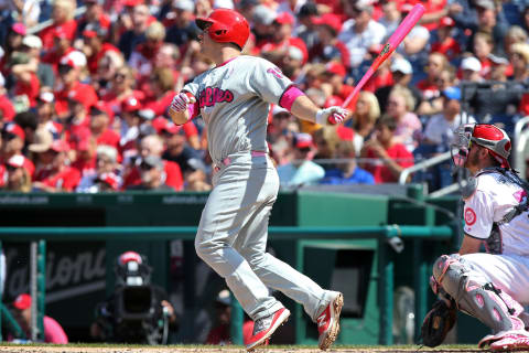 May 14, 2017; Washington, DC, USA; Philadelphia Phillies first baseman Tommy Joseph (19) hits a home run against the Washington Nationals in the seventh inning at Nationals Park. The Phillies won 4-3. Mandatory Credit: Geoff Burke-USA TODAY Sports