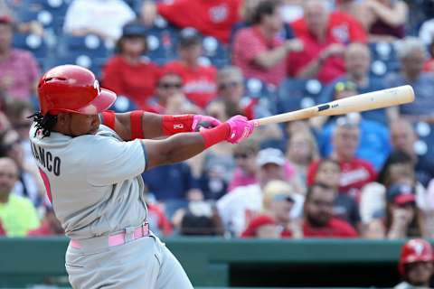 May 14, 2017; Washington, DC, USA; Philadelphia Phillies third baseman Maikel Franco (7) doubles against the Washington Nationals in the ninth inning at Nationals Park. The Phillies won 4-3. Mandatory Credit: Geoff Burke-USA TODAY Sports