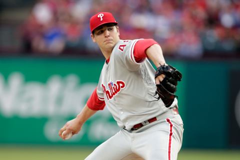 May 16, 2017; Arlington, TX, USA; Philadelphia Phillies starting pitcher Jerad Eickhoff (48) throws a pitch in the first inning against the Texas Rangers at Globe Life Park in Arlington. Mandatory Credit: Tim Heitman-USA TODAY Sports