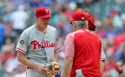 May 18, 2017; Arlington, TX, USA; Philadelphia Phillies manager Pete Mackanin removes starting pitcher Nick Pivetta (43) from the game during the fifth inning against the Texas Rangers at Globe Life Park in Arlington. Mandatory Credit: Kevin Jairaj-USA TODAY Sports