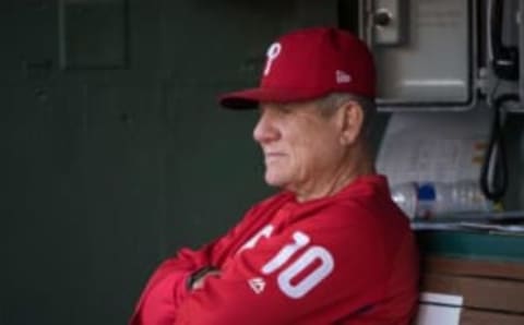 May 17, 2017; Arlington, TX, USA; Philadelphia Phillies bench coach Larry Bowa (10) before the game against the Texas Rangers at Globe Life Park in Arlington. Mandatory Credit: Jerome Miron-USA TODAY Sports