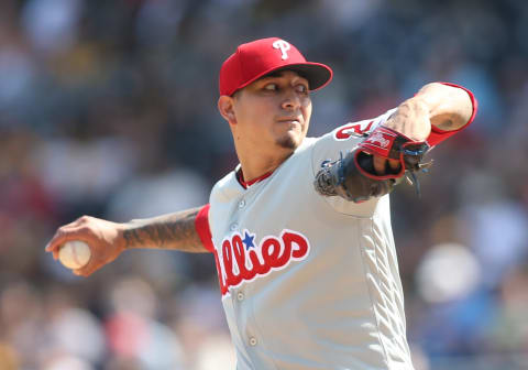 May 20, 2017; Pittsburgh, PA, USA; Philadelphia Phillies starting pitcher Vince Velasquez (28) delivers a pitch against the Pittsburgh Pirates during the first inning at PNC Park. Mandatory Credit: Charles LeClaire-USA TODAY Sports